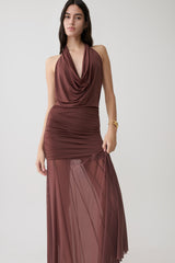 Jorja Draped Halter Slinky Maxi Dress - Chocolate