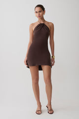 Maggie Cupro Halter Mini Dress - Dark Chocolate