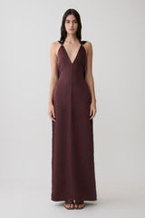 Myla Draped Shoulders Satin Maxi Dress - Chocolate