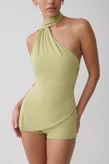 Jemma One Shoulder Tie Top - Apple Sage