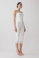 Tillie Flower Embroidery Strapless Denim Top - White