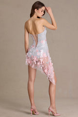 Embellished Tulle Corset Mini Dress in Silver Floral