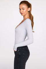 Ribbed Modal Long-Sleeve Plunge Bodysuit in Grey