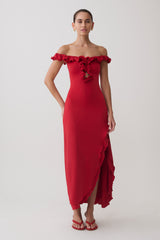 Allegra Off Shoulder Ruffle Midi Dress - Ruby