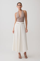 Claire Pearl Button Midi Skirt - White