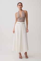 Claire Pearl Button Midi Skirt - White