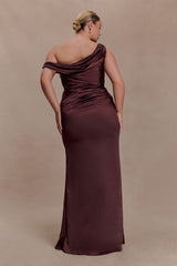 Dalia Off Shoulder Satin Maxi Dress - Dark Chocolate