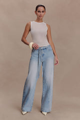 Perrie Mid Rise Straight Leg Tie Jeans - Washed Light Blue
