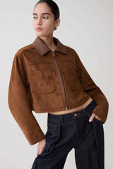 Remy Faux Suede & Leather Collared Jacket - Tan