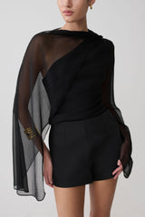 Ida Sheer Asymmetrical Long Sleeve Cape - Black