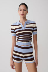 Philly Stripe Knit Button Up Top - Chocolate/Blue