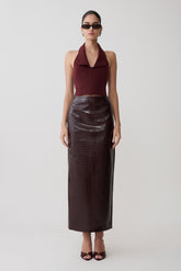 Thalia Croc Faux Leather Midi Skirt - Merlot