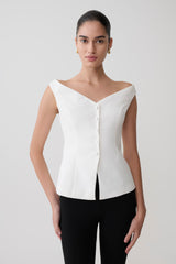 Billie Off Shoulder Sleeveless Button Top - White