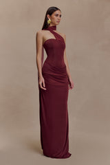 Mattea Slinky And Mesh Maxi Dress With Scarf - Burgundy