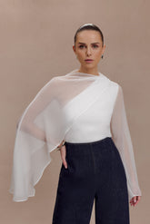 Ida Sheer Asymmetrical Long Sleeve Cape - White
