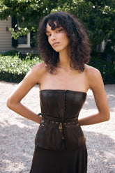 Thalia Faux Leather Boned Corset - Dark Chocolate