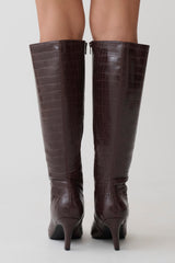 Sarah Faux Leather Crocodile Boot - Chocolate