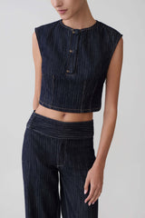 Loraine Sleeveless Denim Top - Indigo Pinstripe