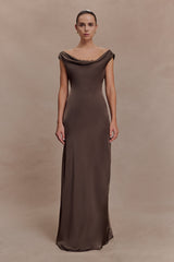 Ashley Cowl Neck Lace And Satin Maxi Dress - Mocha