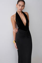 Lien Mesh Velvet Plunge Midi Dress - Black