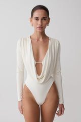 Ren Cowl Long Sleeve Slinky Bodysuit - Ivory