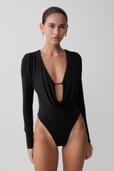 Ren Cowl Long Sleeve Slinky Bodysuit - Black