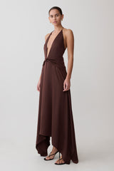Cyra Plunge Satin Midi Dress - Dark Chocolate