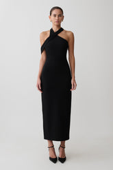 Sable Crossover Crepe Midi Dress - Black