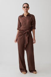 Gia Wrapped Tie Satin Pants - Chocolate
