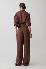 Gia Long Sleeve Satin Shirt - Chocolate