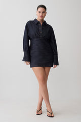 Zarah Denim Long Sleeve Mini Dress - Indigo Pinstripe