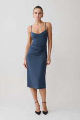 Vina Gathered Jersey Midi Dress - Ink Blue