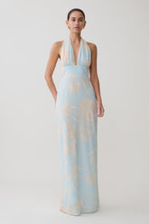 Nadine Halter Scarf Chiffon Maxi Dress - Blue Floral Print