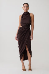 Aveline Draped Halter Midi Dress - Dark Chocolate