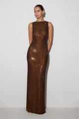 Magnolia Sleeveless Diamante Maxi Dress - Chocolate