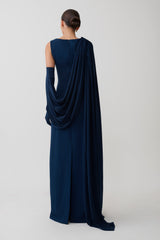 Rhea Detachable Cape Jersey Maxi Dress - Navy