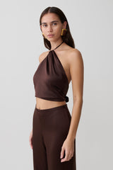 Mariana Halter Silk Blend Sleeveless Top - Dark Chocolate