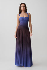 Azizi Pleated Halter Midi Dress - Chocolate & Blue Ombre Print