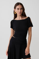 Talise Modal Flounce Short Sleeve Top - Black