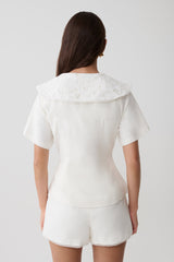 Melody Short Sleeve Shirt With Lace Collar - White