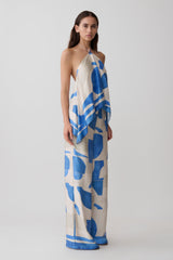 Adelaide Draped Satin Halter Top - Blue Geo Tile Print
