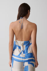 Adelaide Draped Satin Halter Top - Blue Geo Tile Print