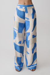 Rachel Satin Straight Leg Pants - Blue Geo Tile Print