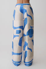 Rachel Satin Straight Leg Pants - Blue Geo Tile Print