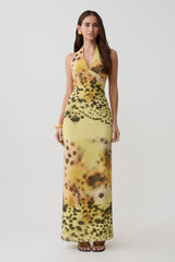 Valentina Chiffon Halter Maxi Dress - Yellow Floral Leopard Print