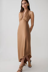 Adelie Asymmetric Hem Halter Midi Dress - Cognac