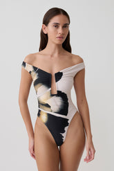 Yumi U-Wire Plunge One Piece Swimsuit - Ivory Base Floral Print