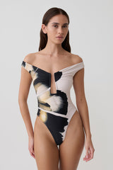 Yumi U-Wire Plunge One Piece Swimsuit - Ivory Base Floral Print