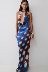Ethel Mesh Cowl Plunge Maxi - Blue Abstract Print