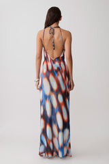 Ethel Mesh Cowl Plunge Maxi - Blue Abstract Print